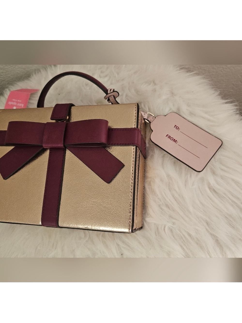 kate spade Wrapping Party Metallic Gold Mini Box Bag with Burgundy Bow NWT - Picture 12 of 14